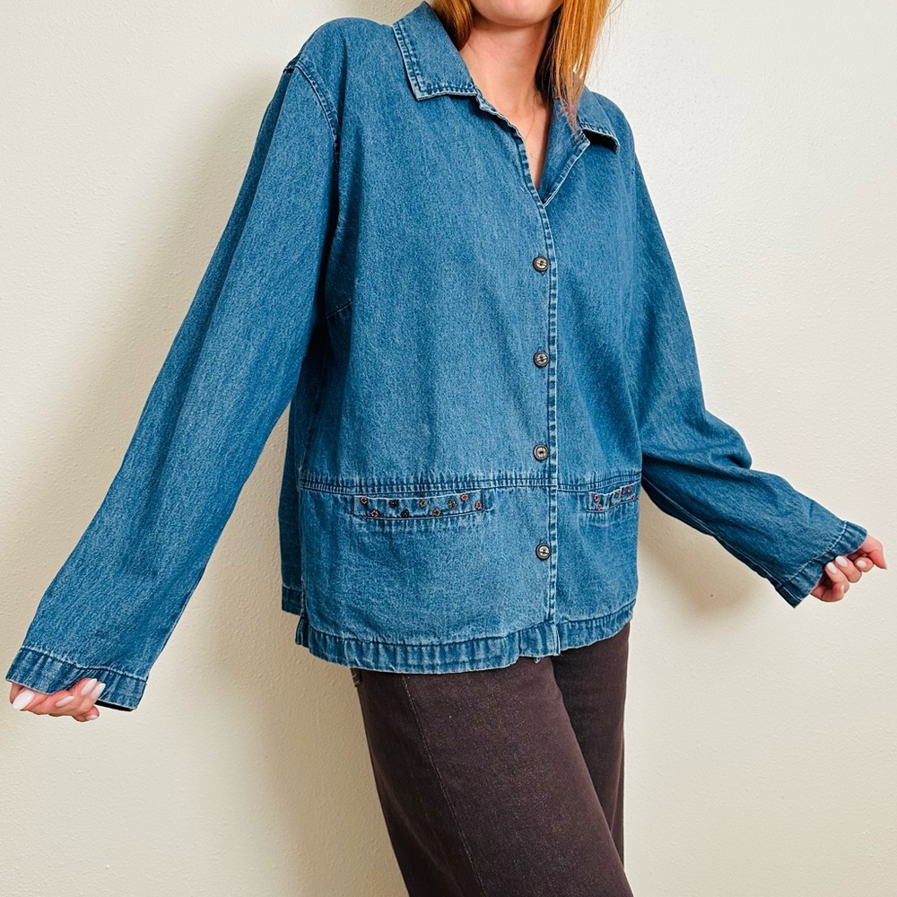 Vintage JM Collection Classic Blue Jean Jacket with Beaded Accents Boho Denim
